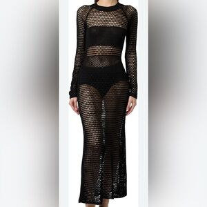PrettyLittleThing Open Knit Long Sleeve Maxi Dress Swim Coverup – Size XS  Black